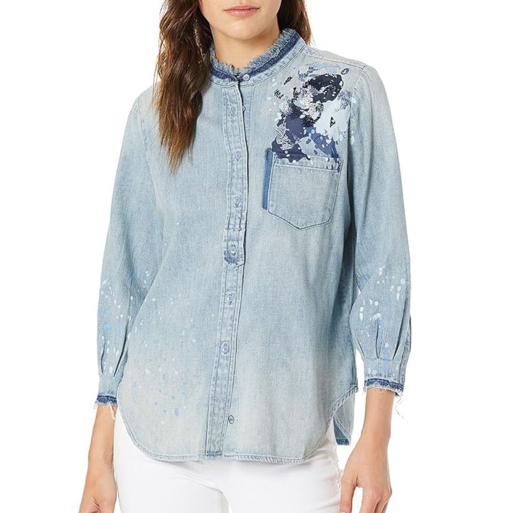 AG Jeans Adriano Goldschmied Denim Top Size Medium Embroidered Distressed Top